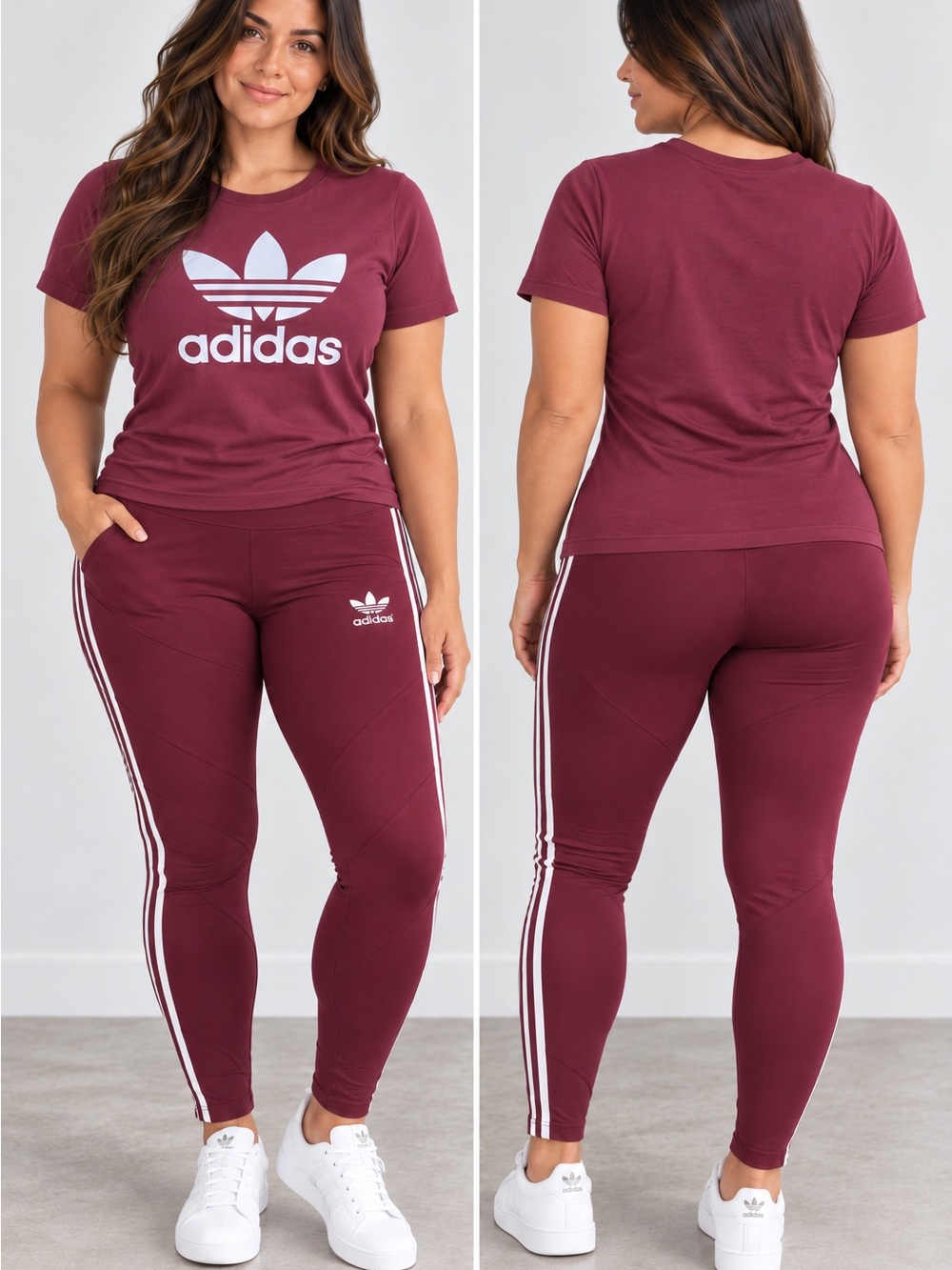 Adidas Women’s large Burgundy Trefoil Leggings - Athletic Fit with shirt outfit